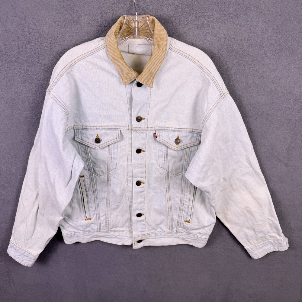 VTG Levi's Denim Trucker Jacket Light Wash in USA Mens Corduroy Collar Chore 44